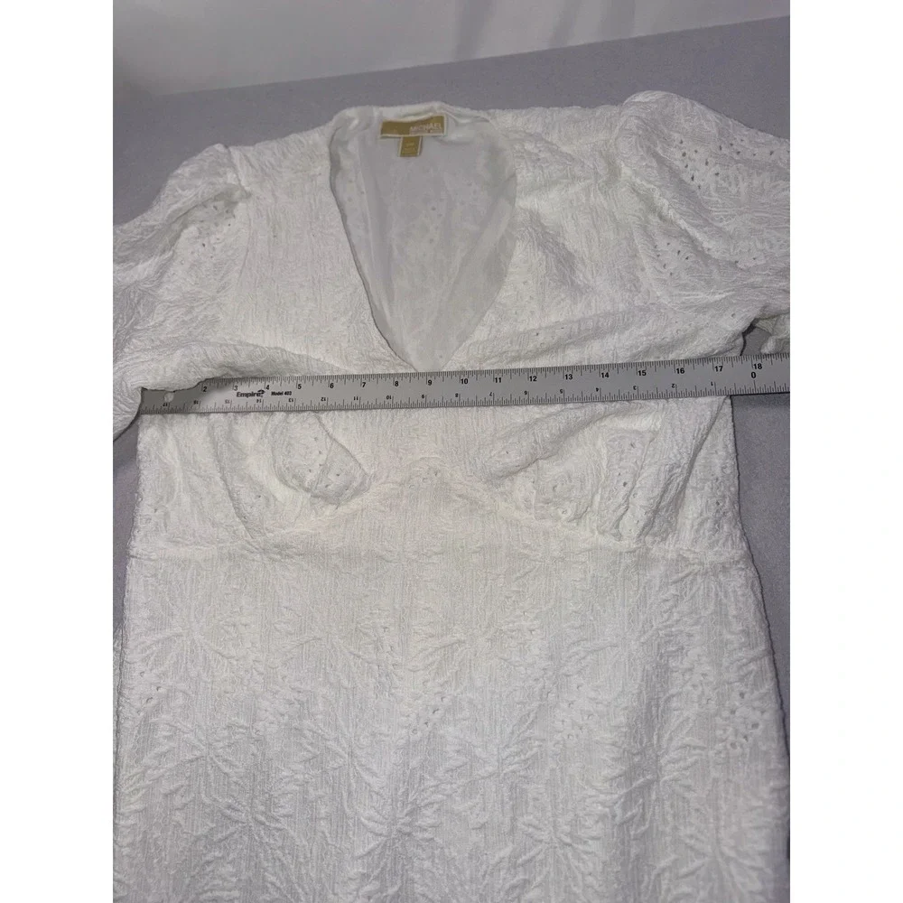 MICHAEL KORS Womens Smocked Eyelet-Embroidered Dress White Sz S V Neck Flare
